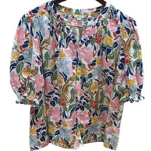 Boden Smocked Linen Short Sleeve Top